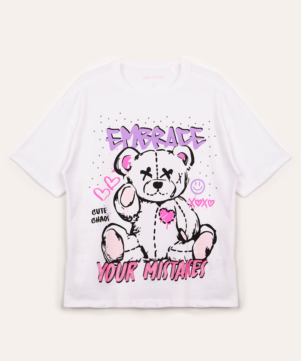 camiseta de algodão juvenil urso manga curta off white