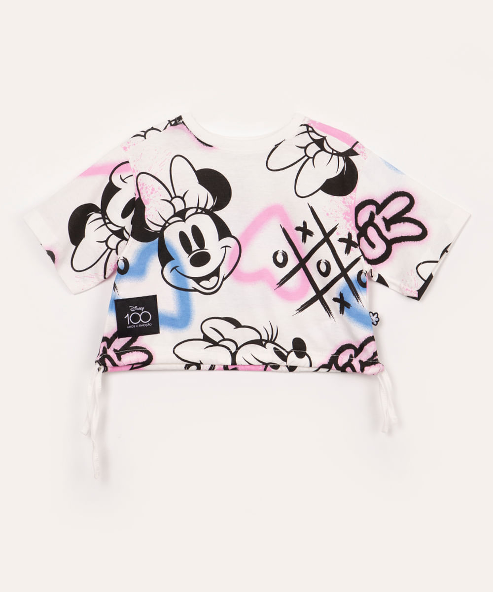 blusa de algodão infantil minnie com cordão manga curta off white