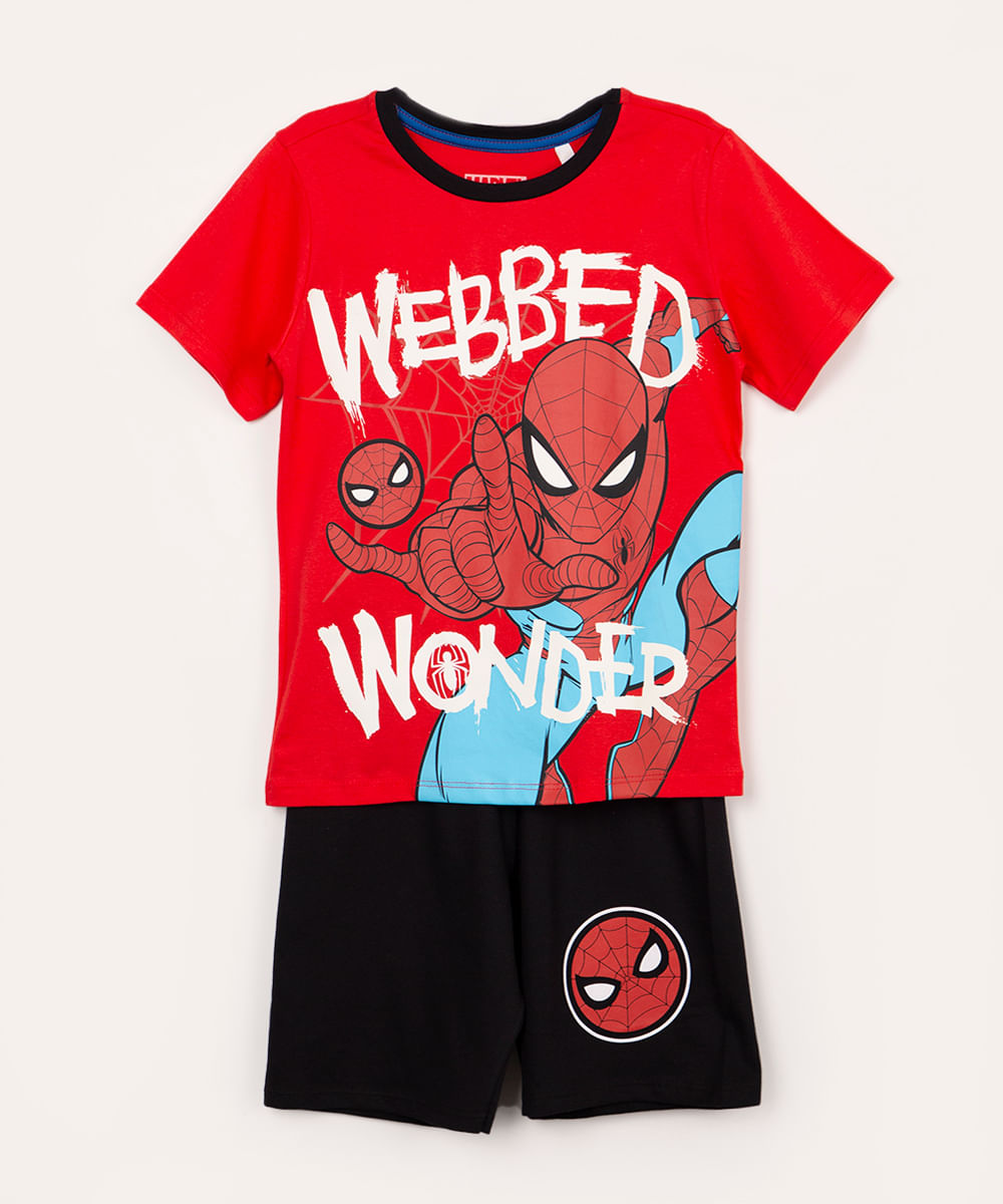 pijama de algodão infantil homem aranha manga curta vermelho