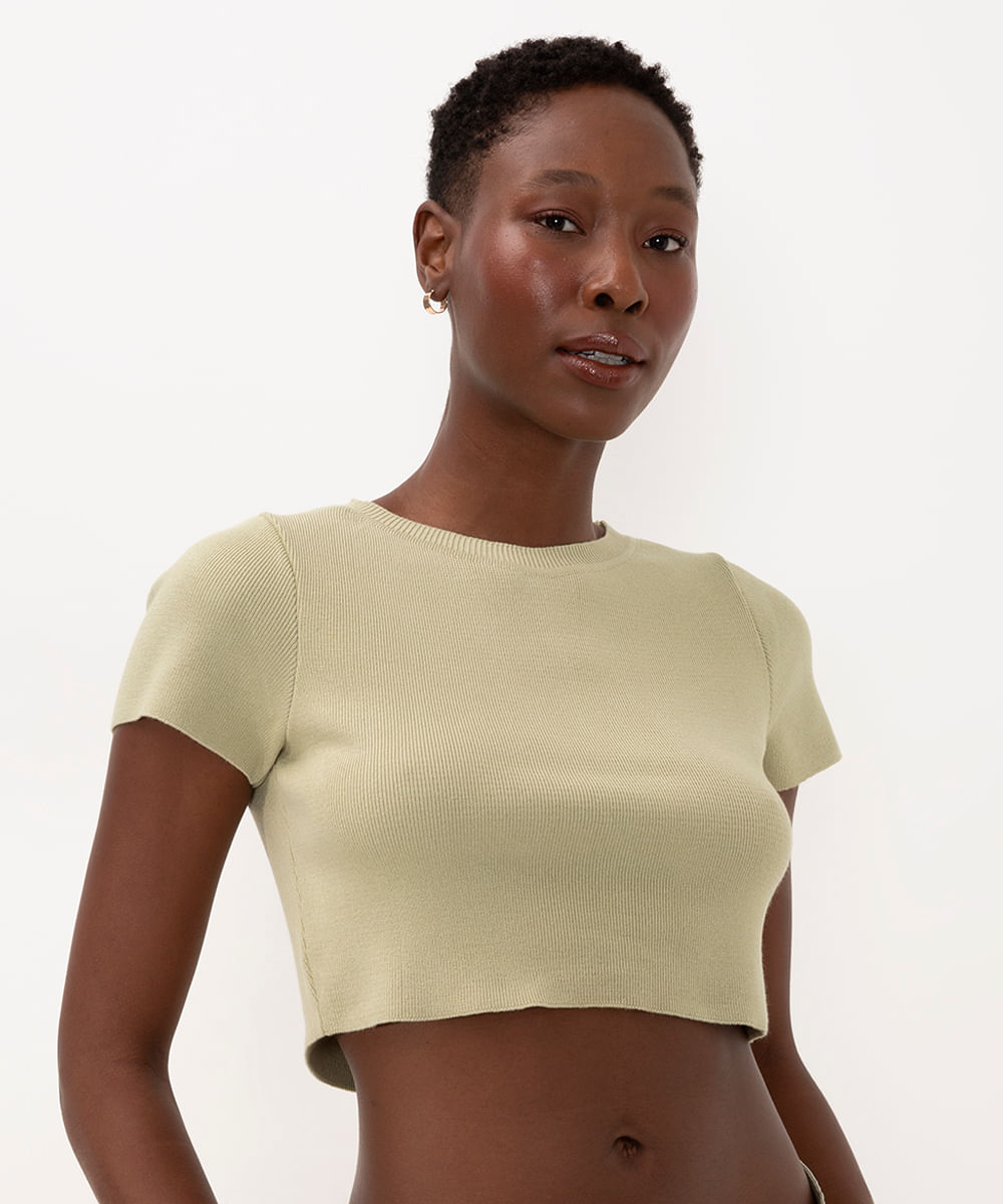 blusa de tricot cropped manga curta verde mate