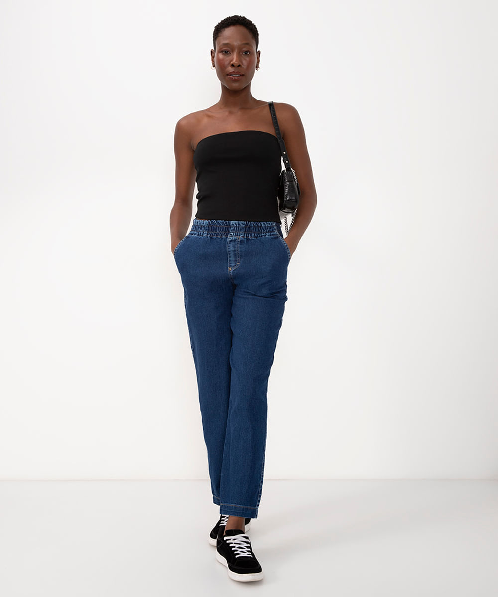 calça jeans mom com elástico sawary azul escuro