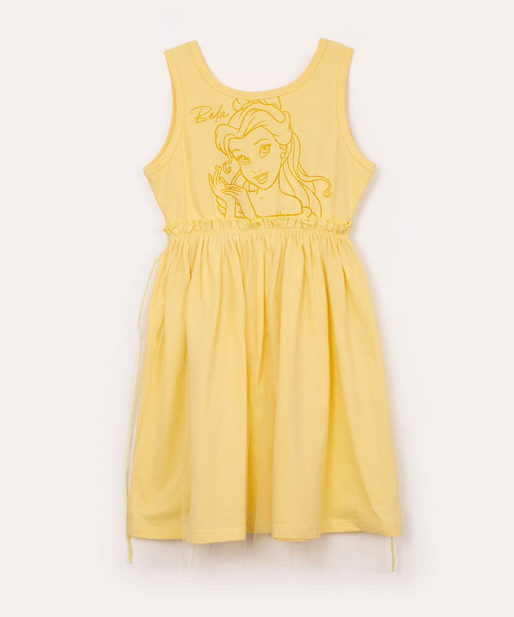 vestido infantil de algodão bela com tule amarelo