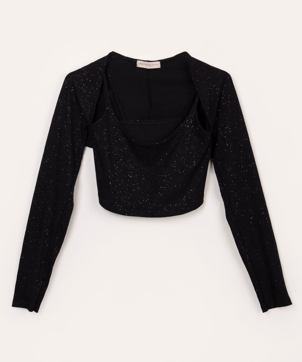 blusa juvenil com brilho com bolero preto