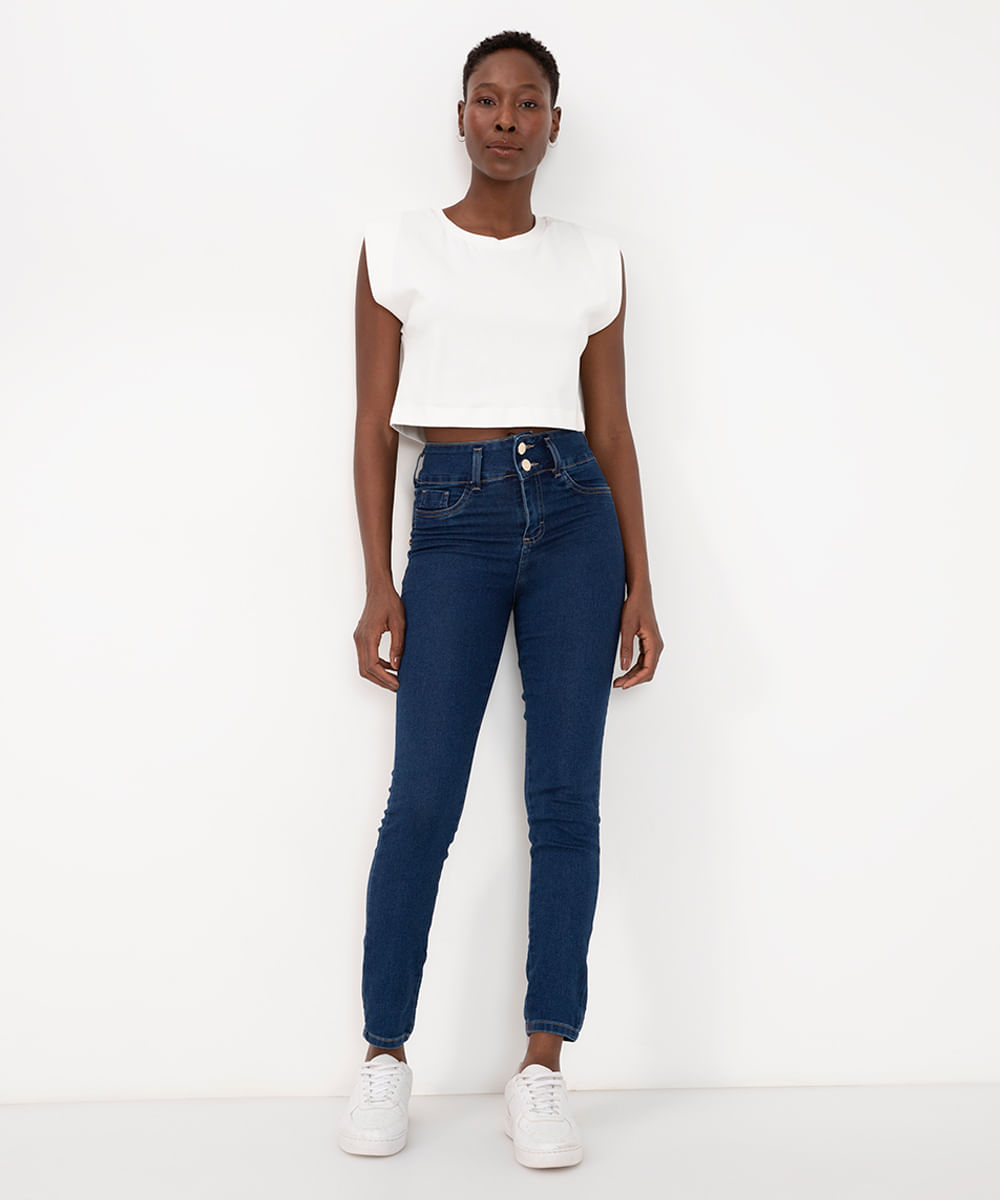 calça skinny jeans lipo push up cintura super alta sawary azul