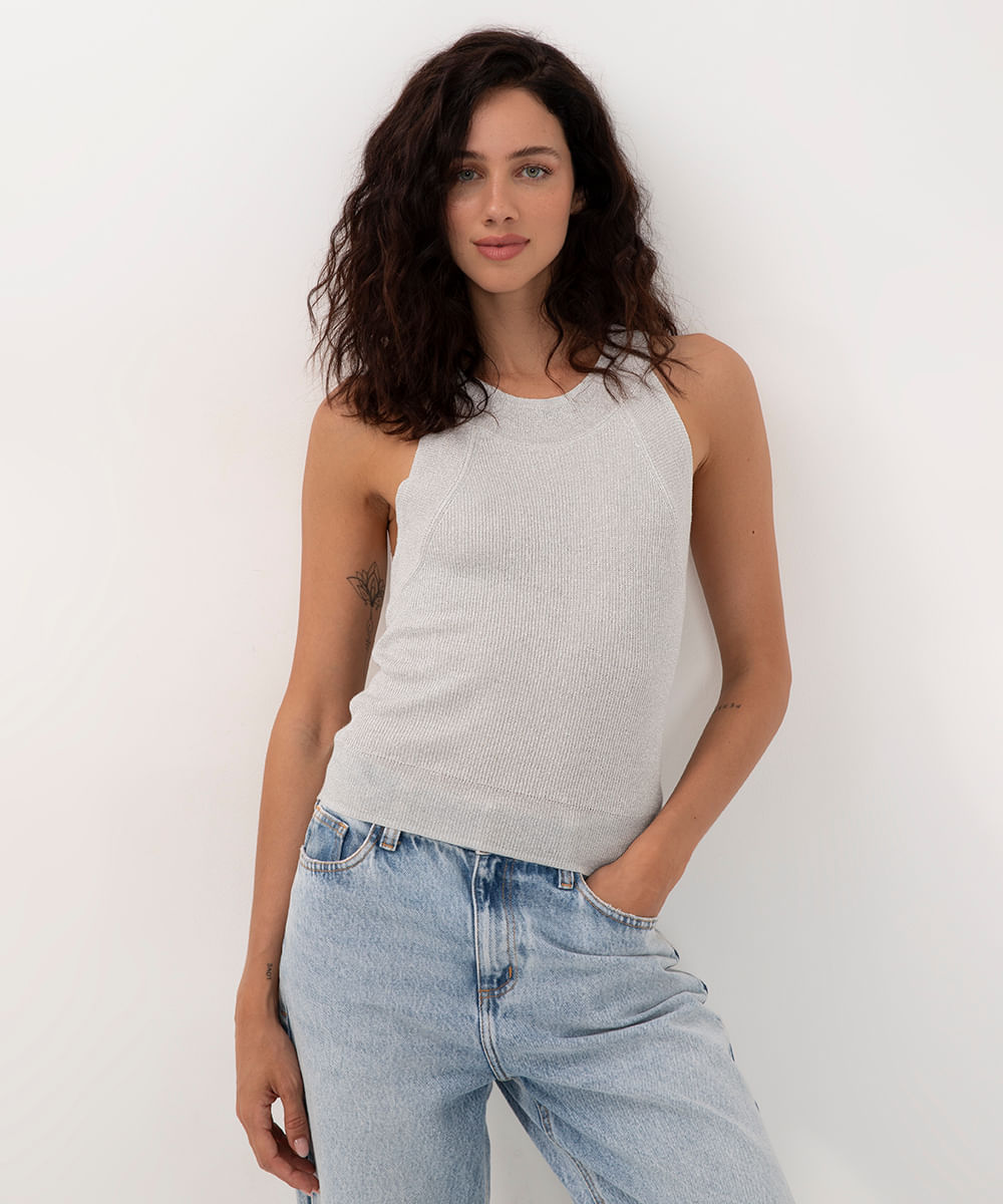 regata de tricot halter neck metalizada prata