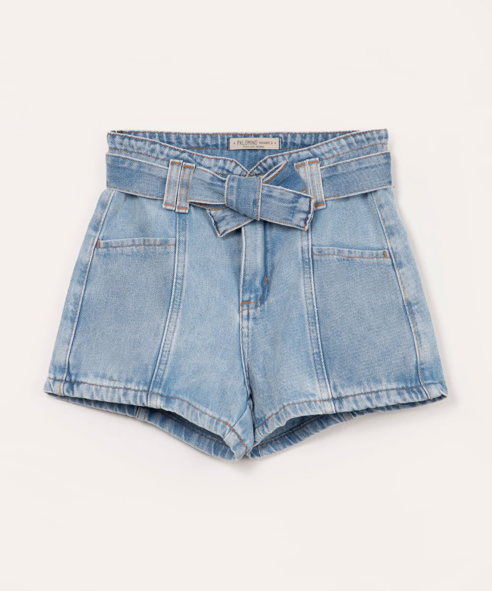 short jeans infantil com faixa e bolsos azul claro