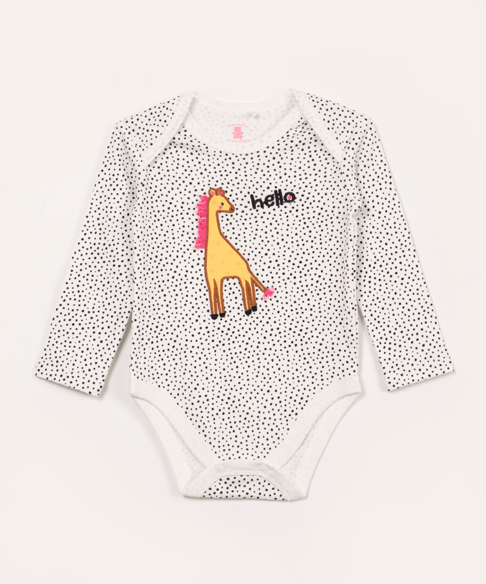 body de algodão infantil poá e girafa manga longa off white