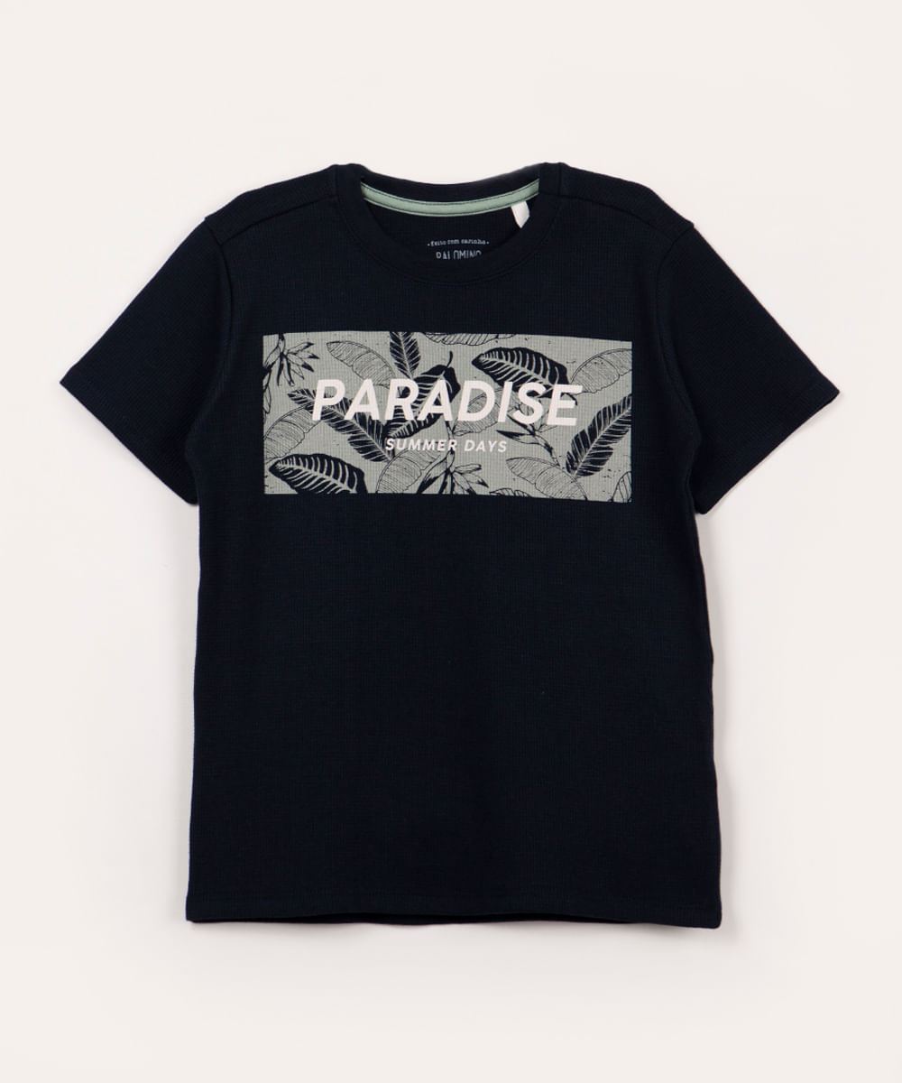 camiseta de algodão infantil texturizada paradise manga curta azul marinho