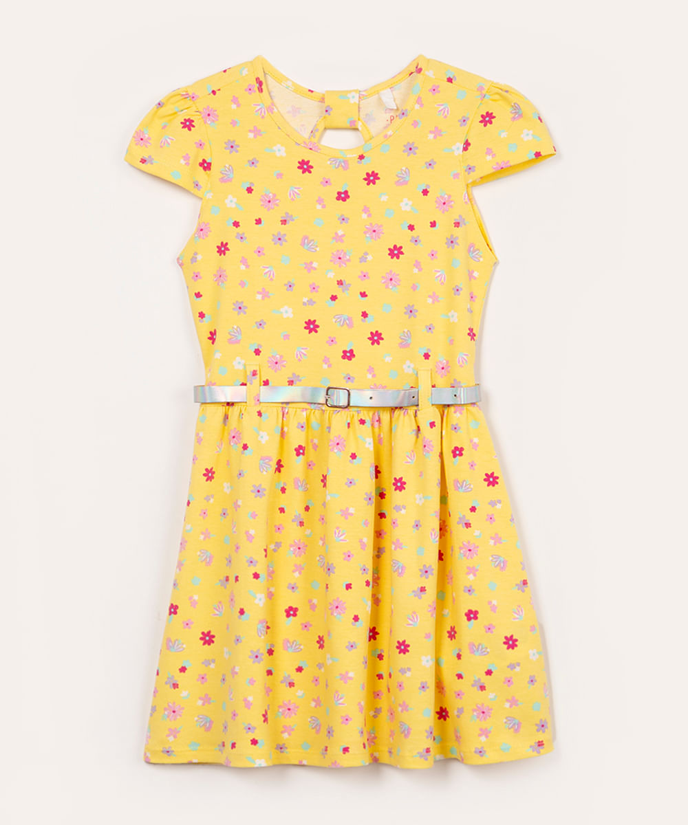 vestido de algodão infantil floral com cinto amarelo