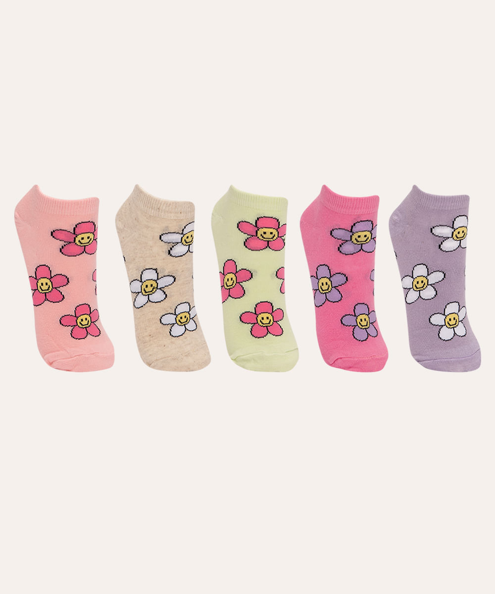 kit de 5 pares de meias cano baixo floral colorido