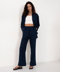 Calça Reta Relaxed Cintura Alta Com Elástico E Bolso Azul Marinho