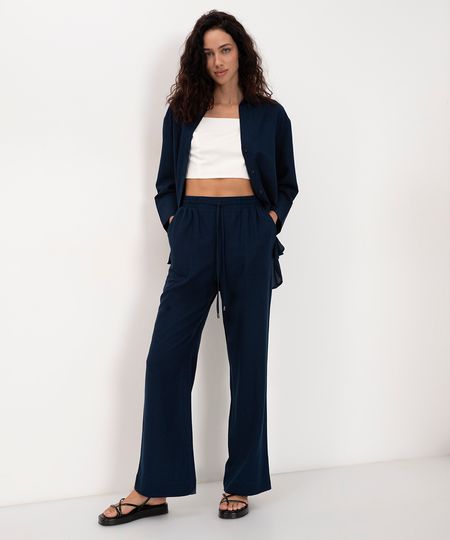 Calça Reta Relaxed Cintura Alta Com Elástico E Bolso Azul Marinho