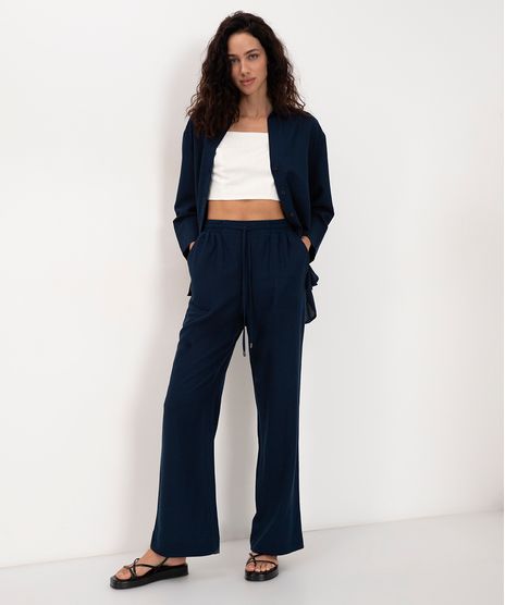 Calça Reta Relaxed Cintura Alta Com Elástico E Bolso Azul Marinho
