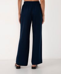 Calça Reta Relaxed Cintura Alta Com Elástico E Bolso Azul Marinho