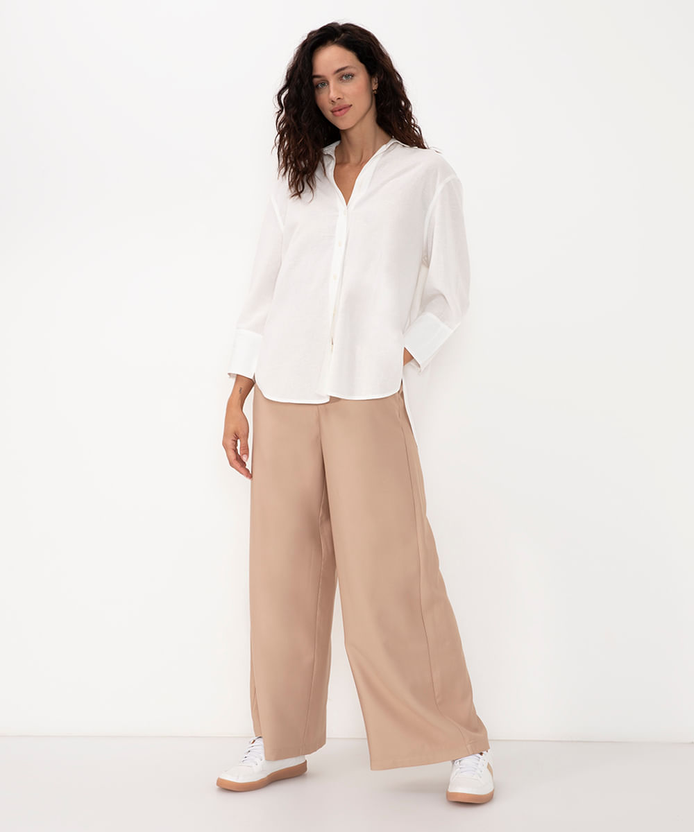 calça wide leg de viscose cós elástico bege médio