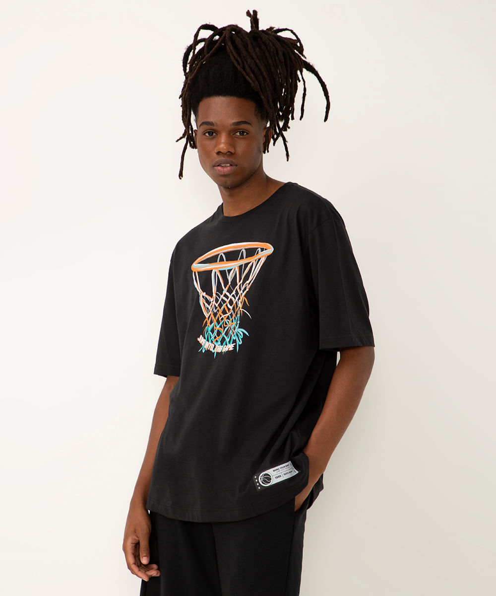 camiseta de algodão oversized basquete manga curta preta