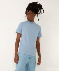 Camiseta De Algodão Gola Canelada Manga Curta Azul