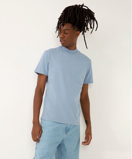 Camiseta De Algodão Gola Canelada Manga Curta Azul