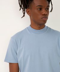 Camiseta De Algodão Gola Canelada Manga Curta Azul