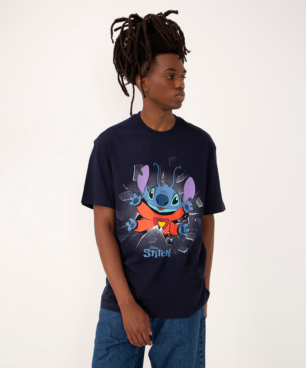 camiseta de algodão stitch manga curta azul marinho