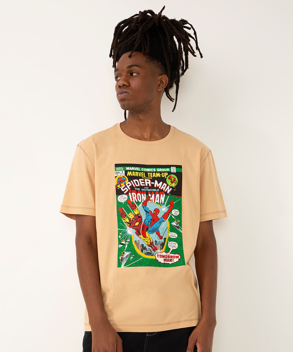 camiseta de algodão homem aranha manga curta bege