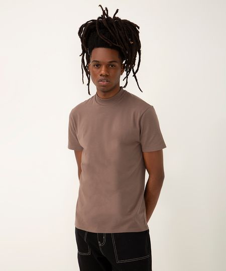 Camisa De Algodão Slim Manga Curta Marrom