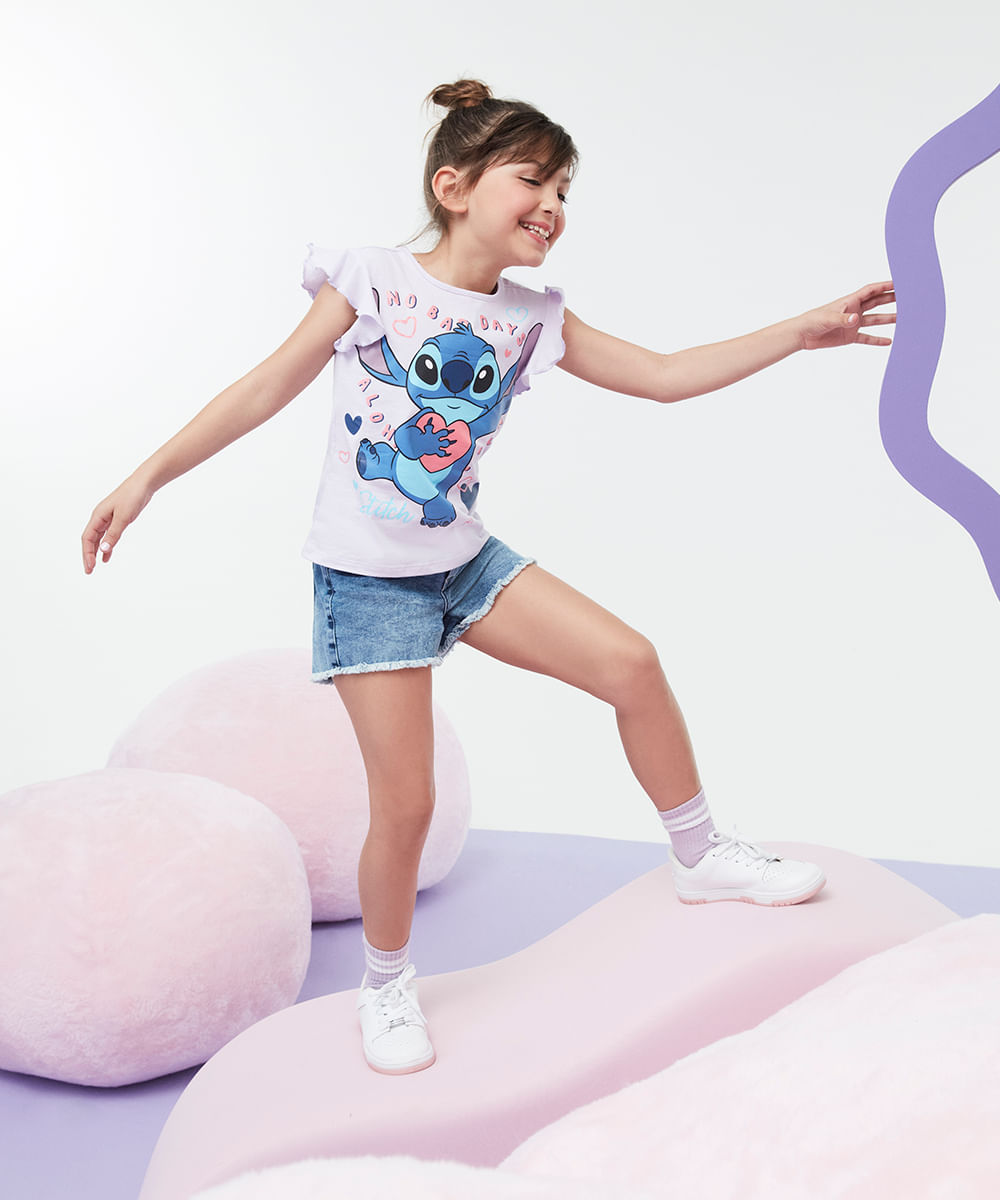 blusa infantil de algodão stitch manga curta em babados lilás