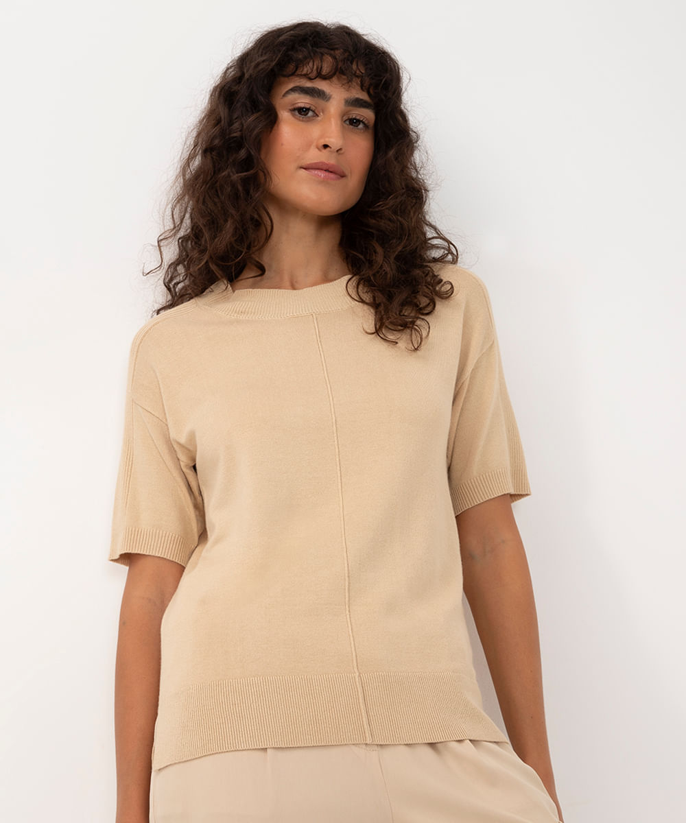 blusa de tricot recortes manga curta areia