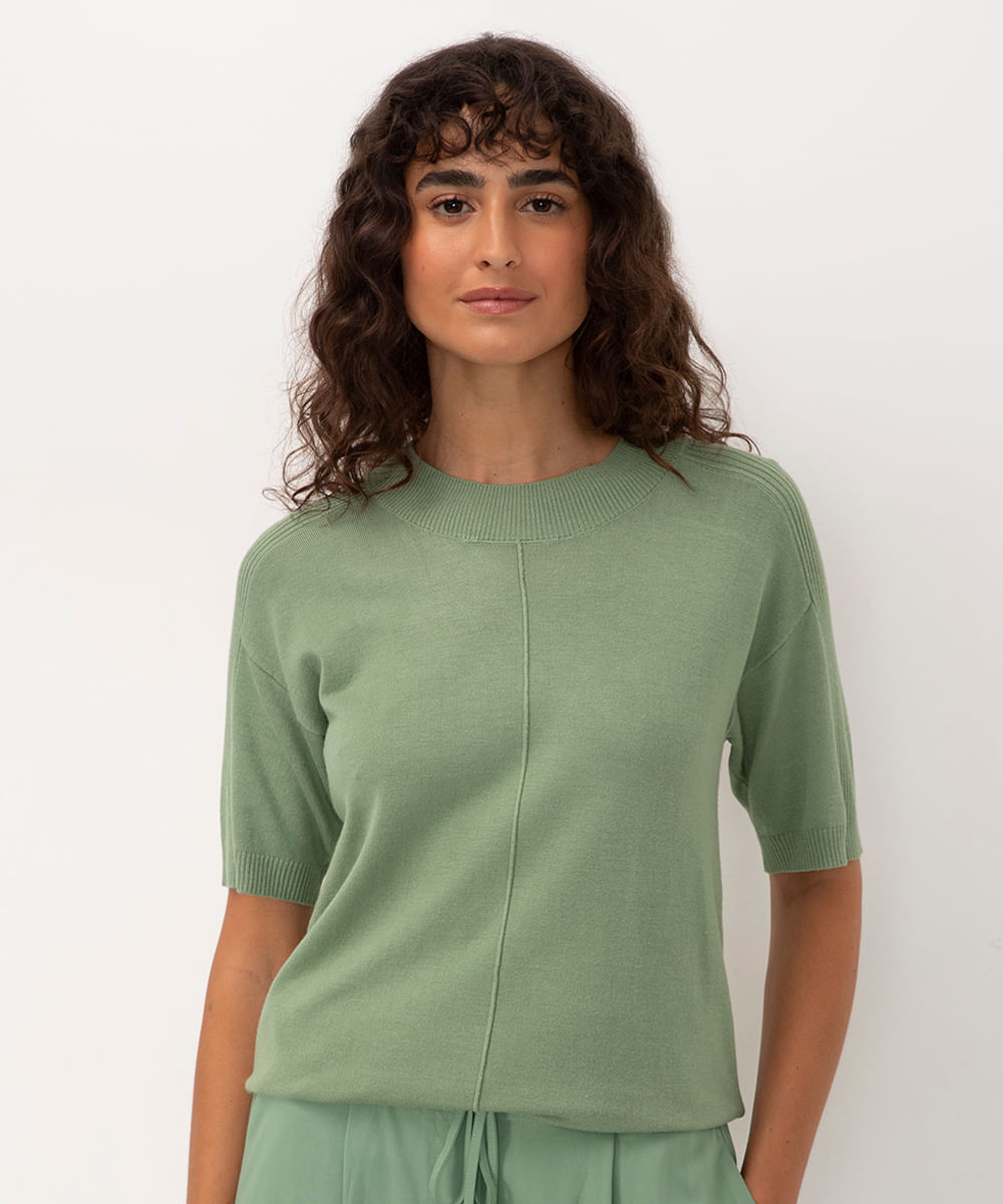 blusa de tricot recortes manga curta verde