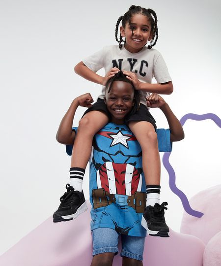 Camiseta Infantil de Algodão Capitão América Manga Curta + Máscara Azul 10 Camiseta Infantil de Algodão Capitão América Manga Curta + Máscara Azul 10