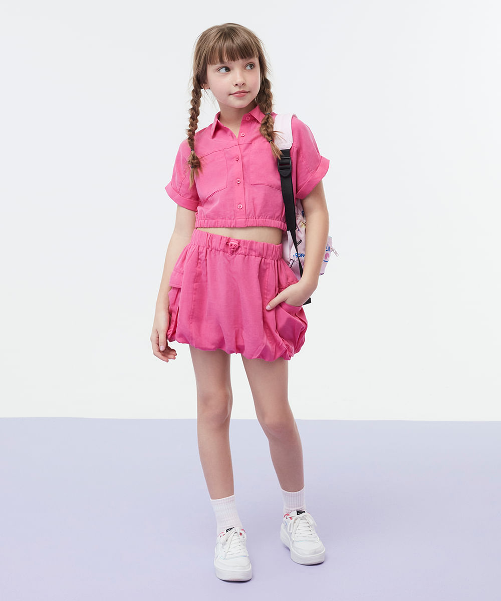 saia com linho infantil parachute com bolsos pink