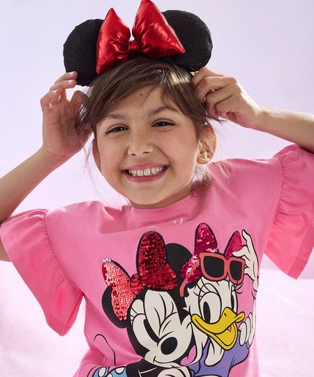 blusa de algodão infantil minnie com paetê manga curta rosa 4