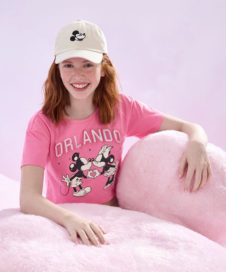 cropped de algodão juvenil minnie e mickey com textura manga curta rosa claro 12