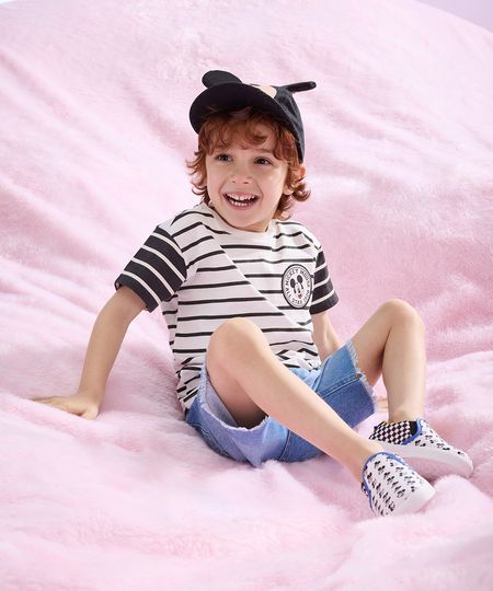 camiseta de algodão infantil Mickey listrada manga curta off white 1