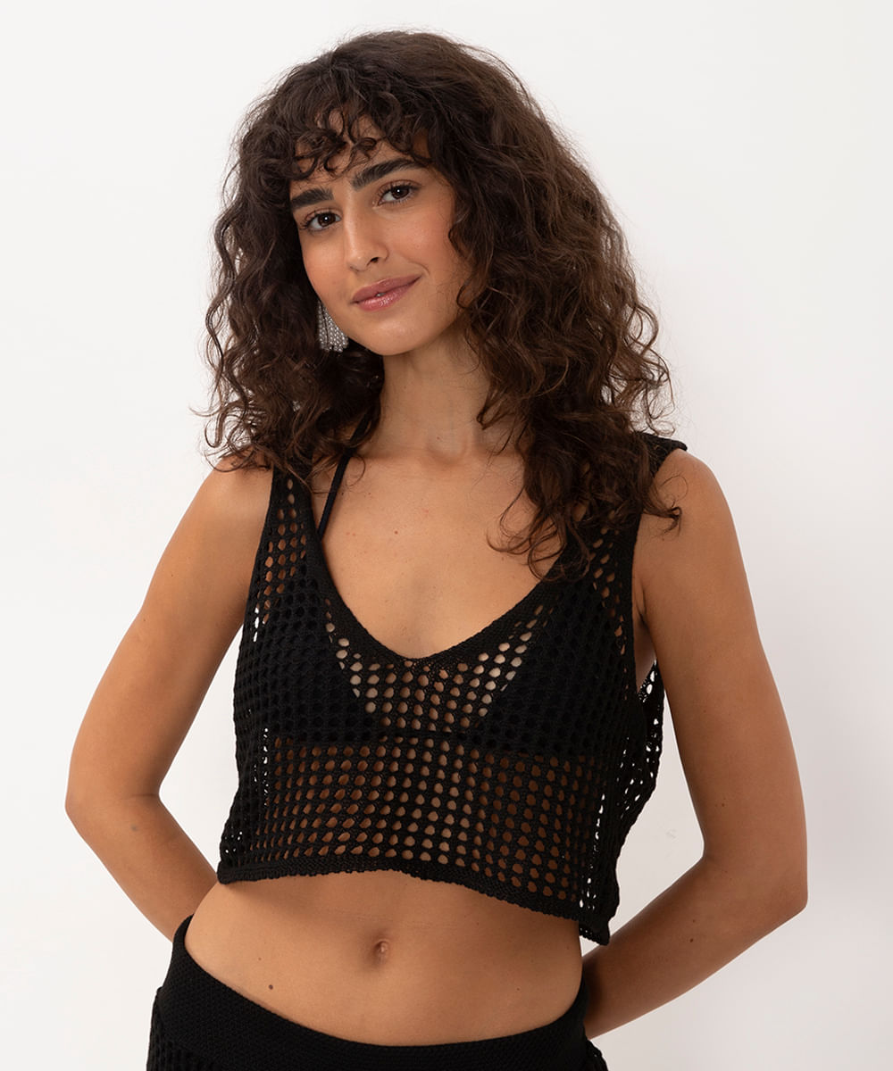 cropped de crochê decote v preto