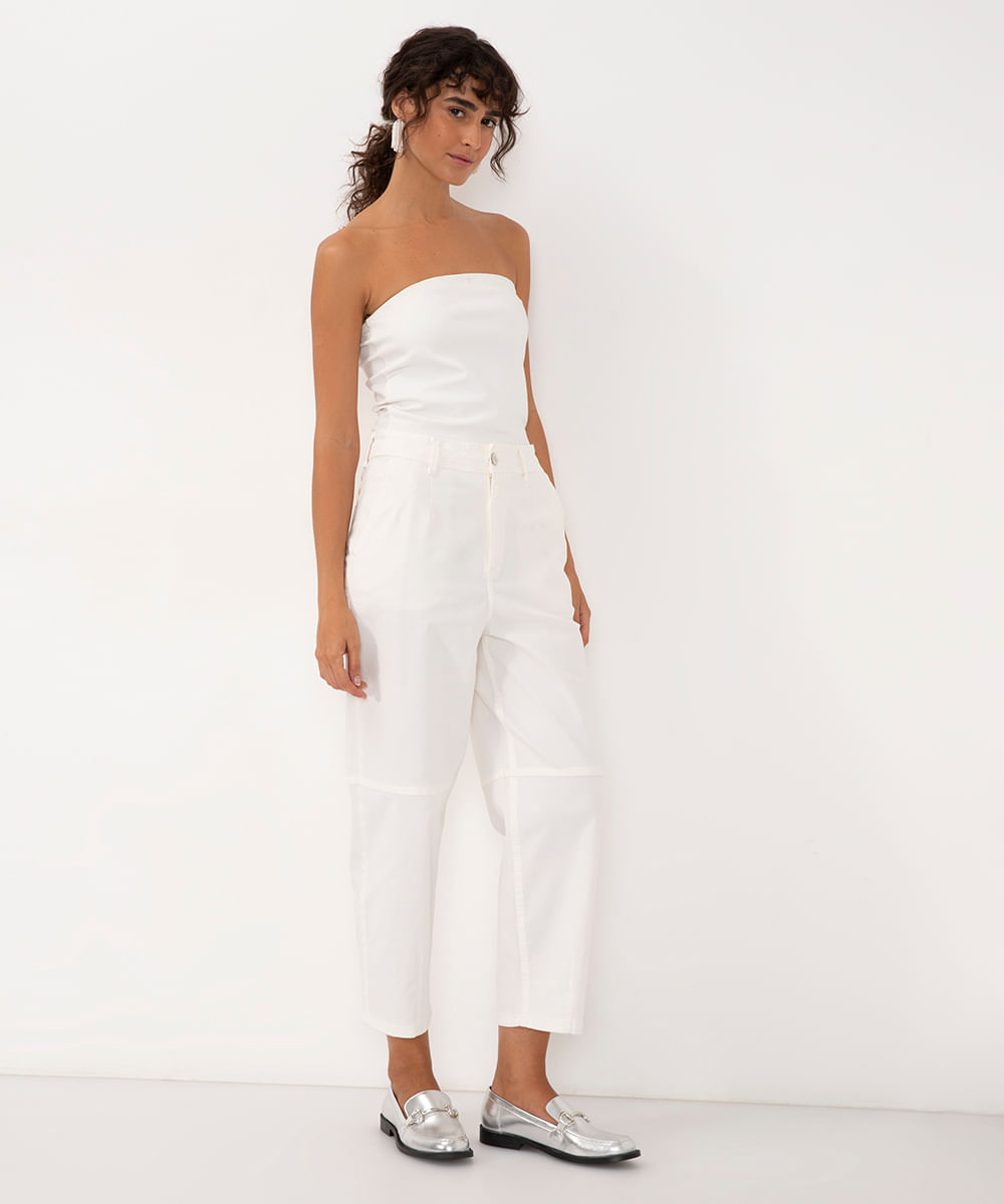 calça de sarja balloon cropped cintura alta off white