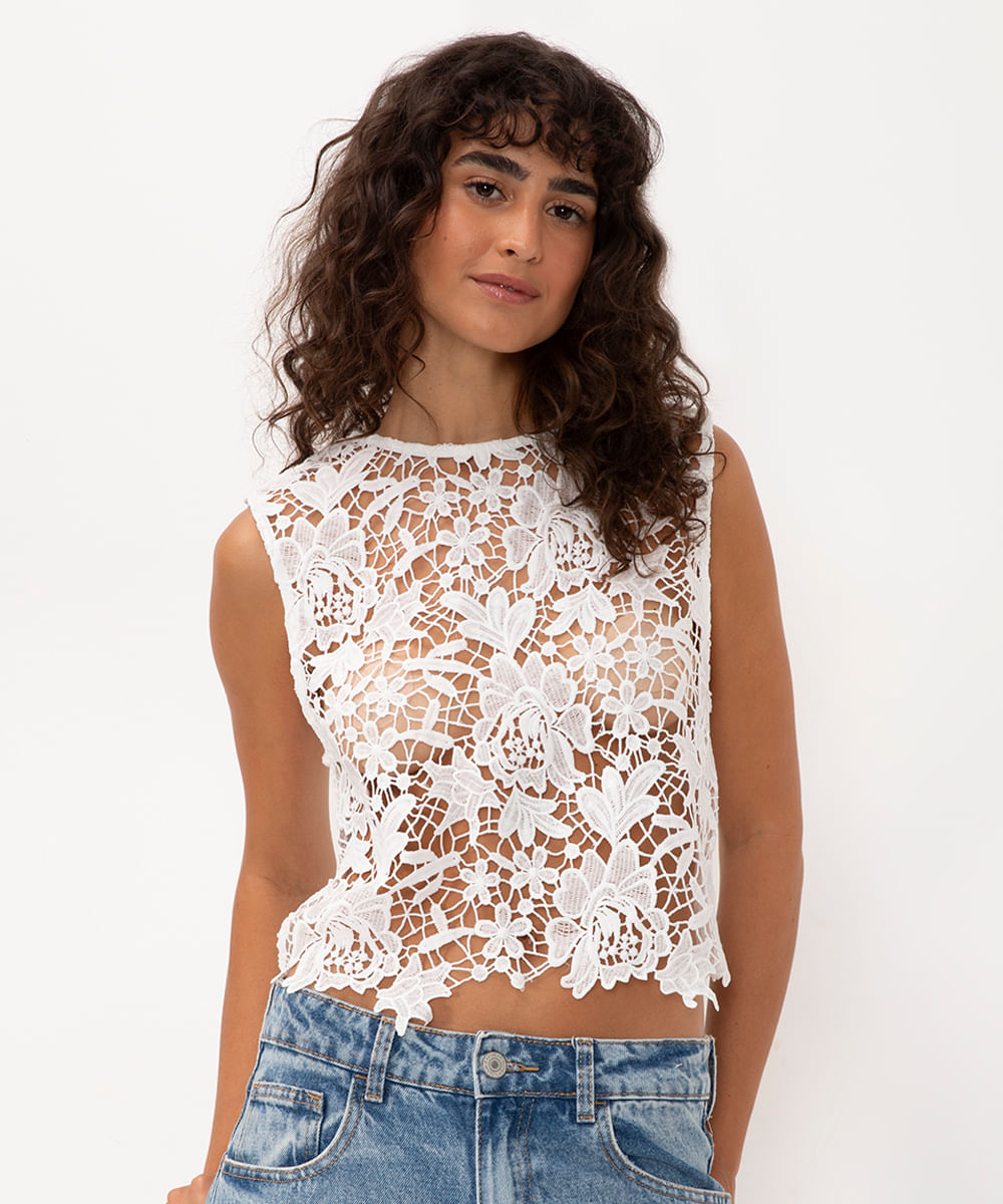 blusa cropped rendada off white