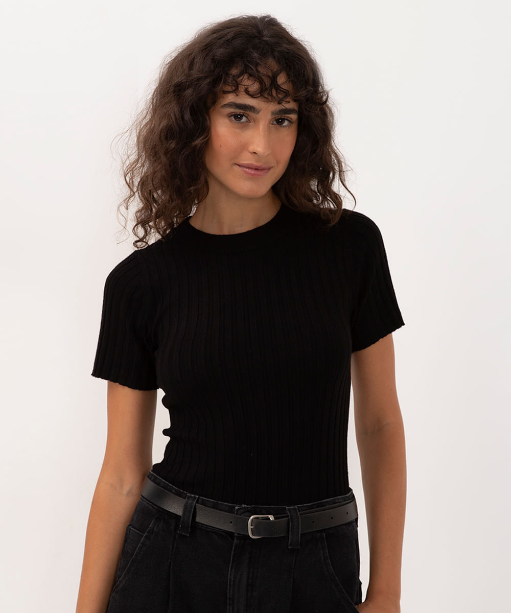 blusa de tricot canelada manga curta preto