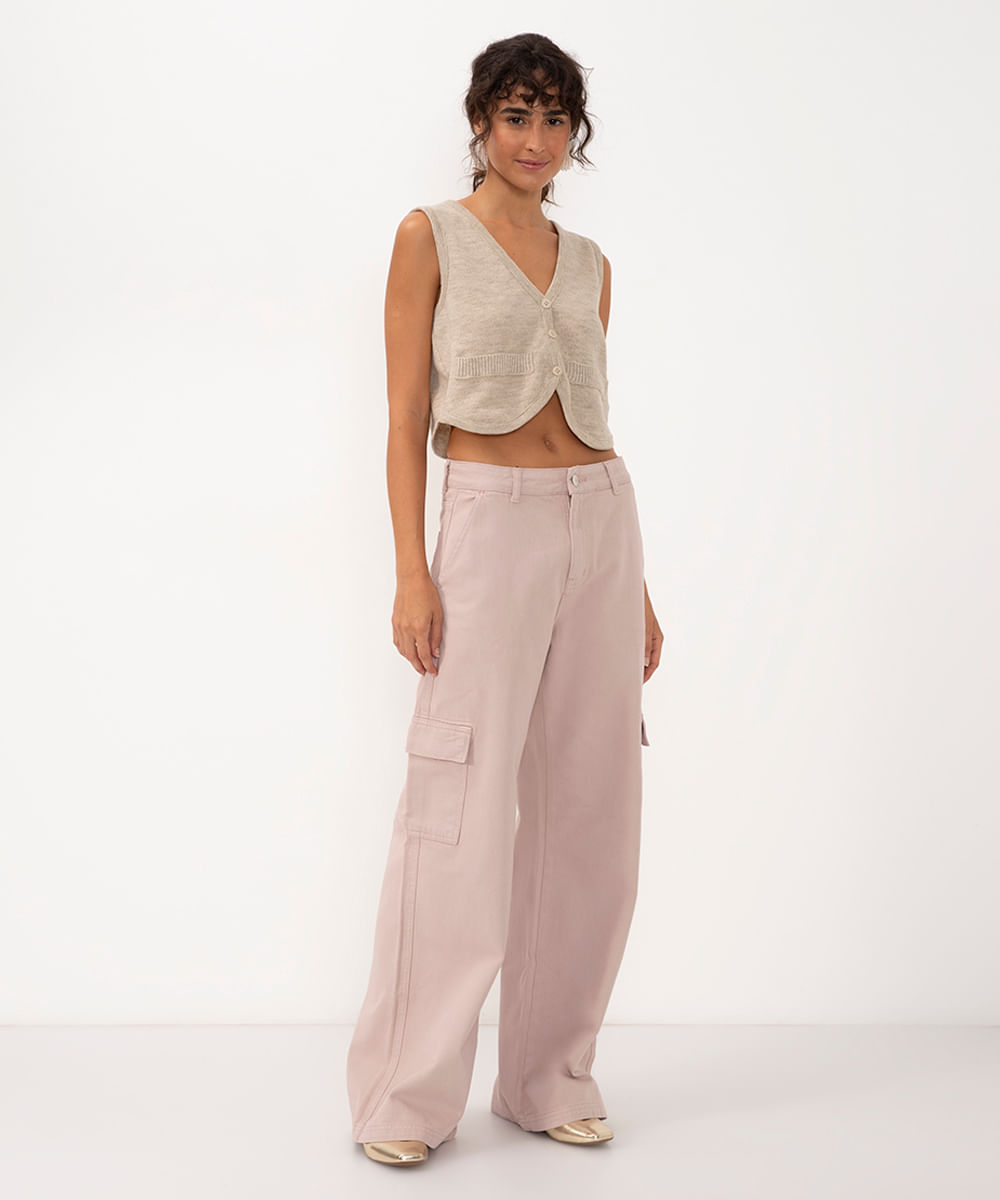 calça wide leg de sarja cargo cintura super alta rosa claro