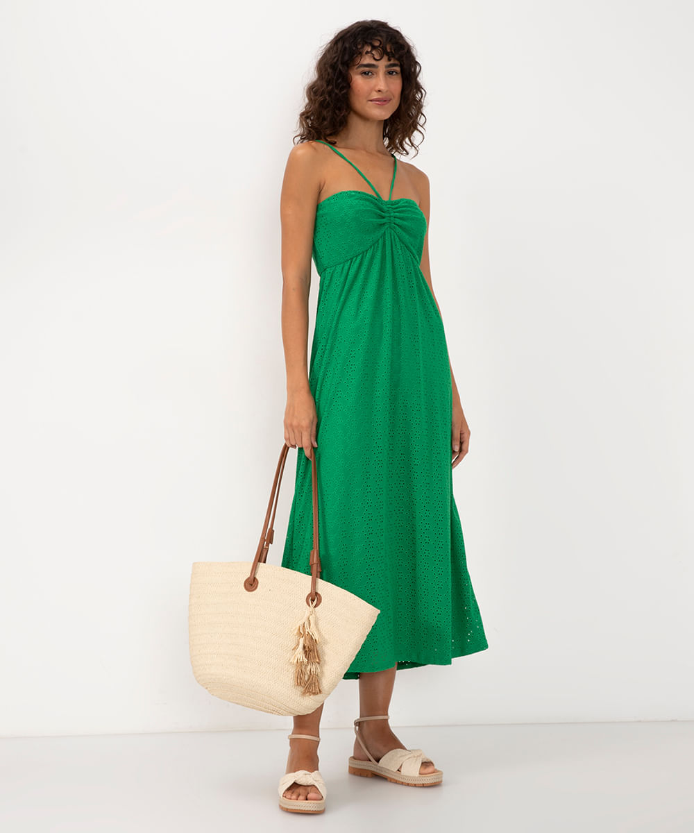 vestido midi de laise alça fina verde