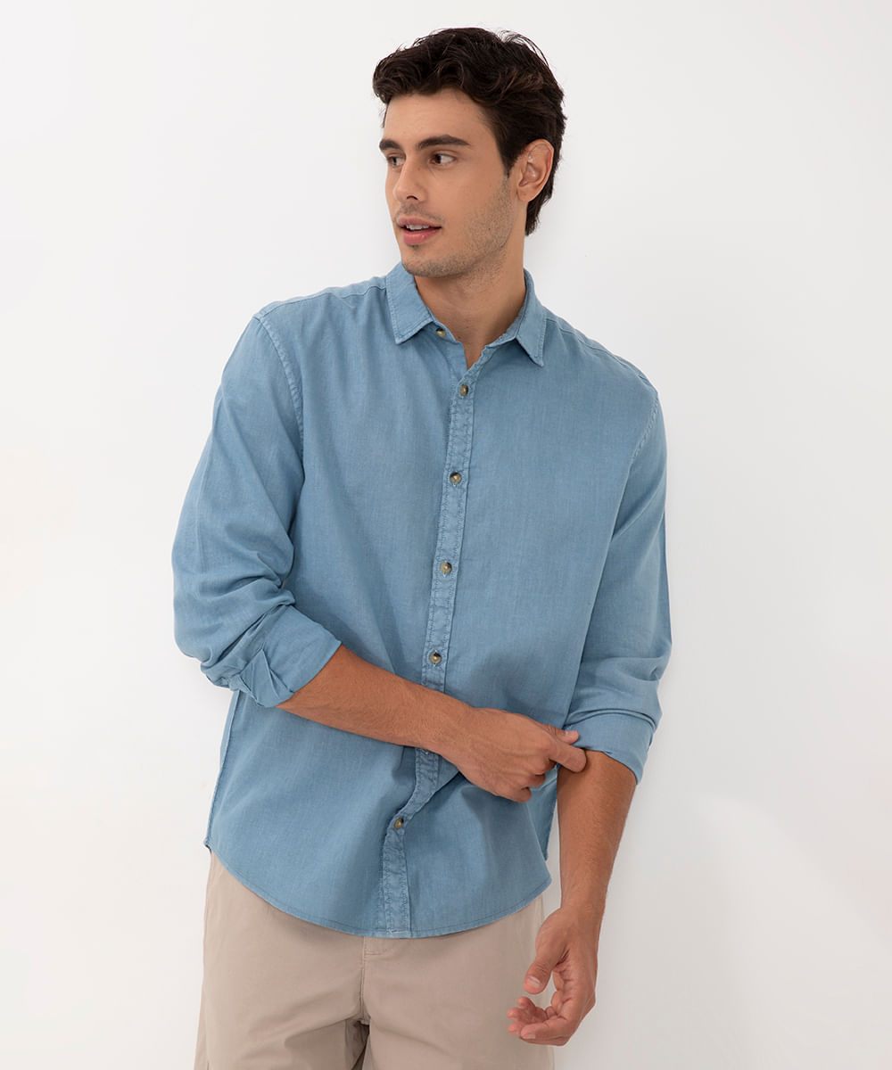 camisa relaxed de linho manga longa azul