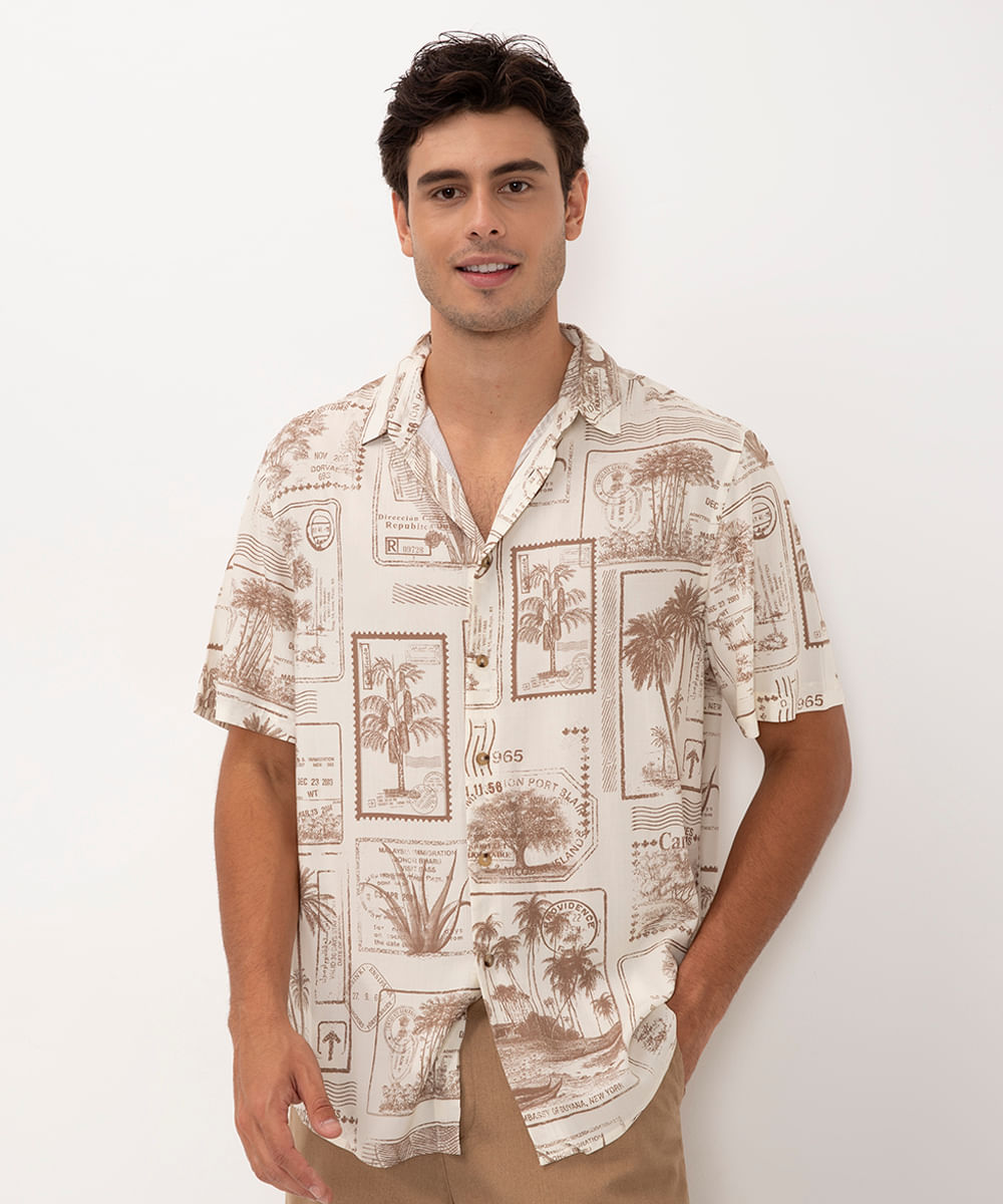 camisa de viscose selos postais manga curta off white