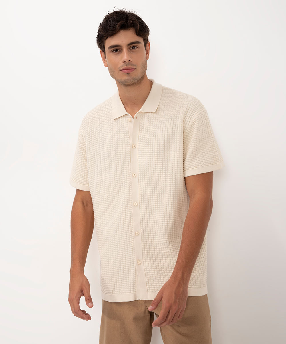 camisa de tricot texturizada manga curta off white