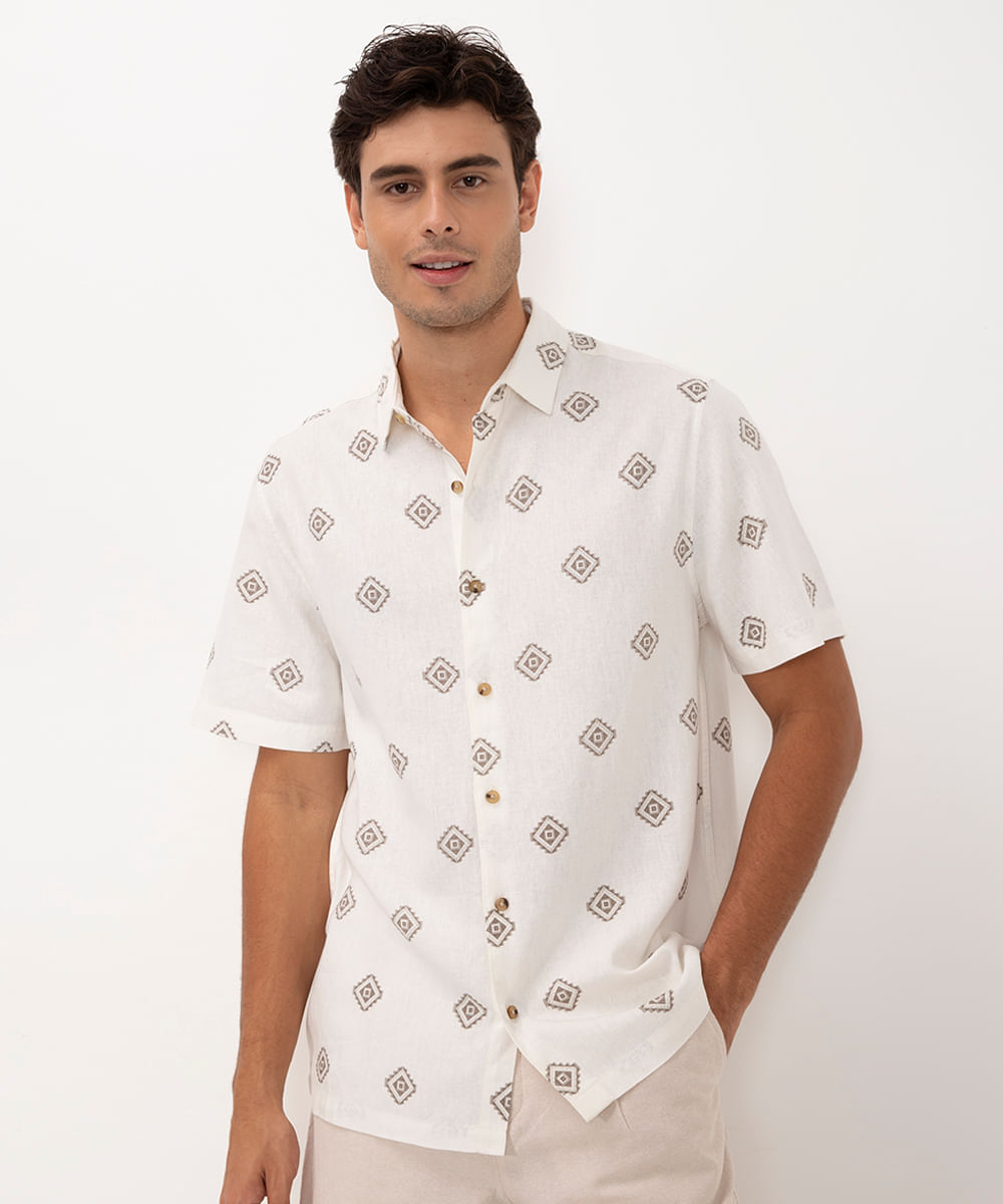 camisa de algodão étnica manga curta off white