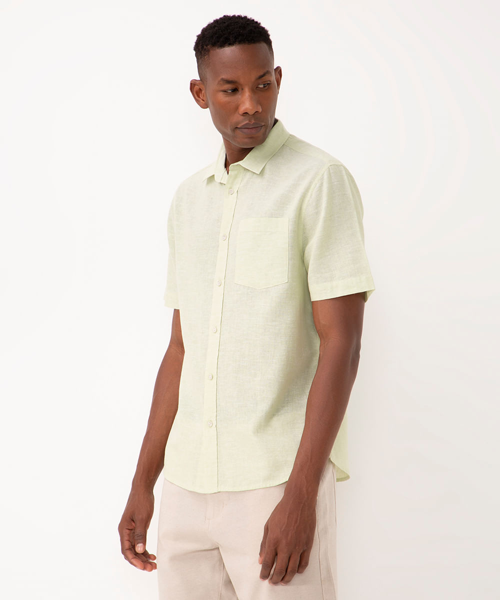 camisa de linho e algodão manga curta verde claro