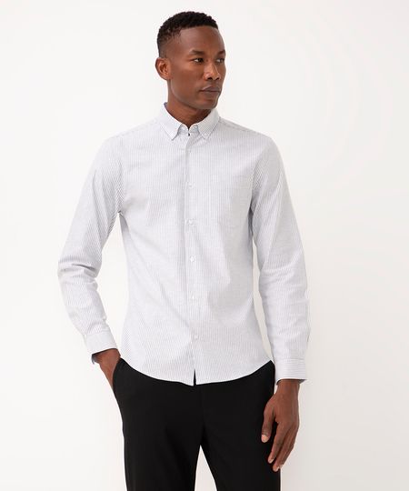 camisa slim de algodão bolso e manga longa azul médio P