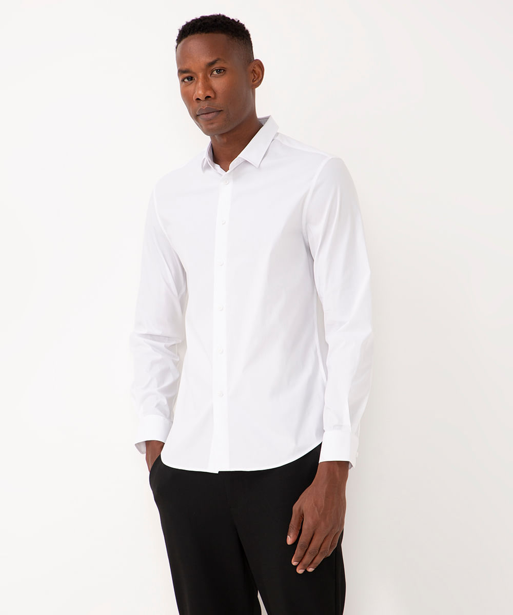 camisa slim de algodão manga longa branco