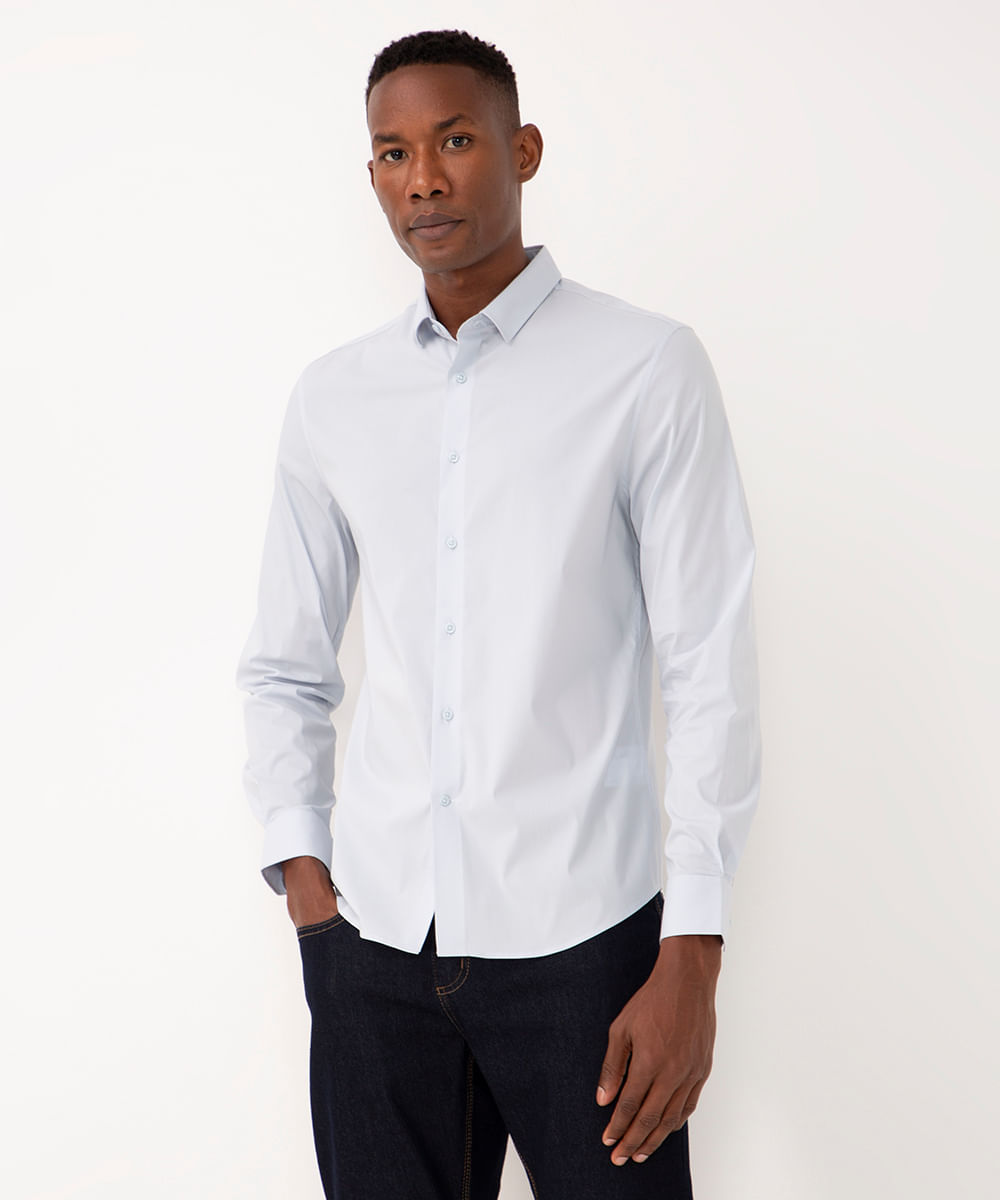 camisa slim fit de algodão manga longa azul