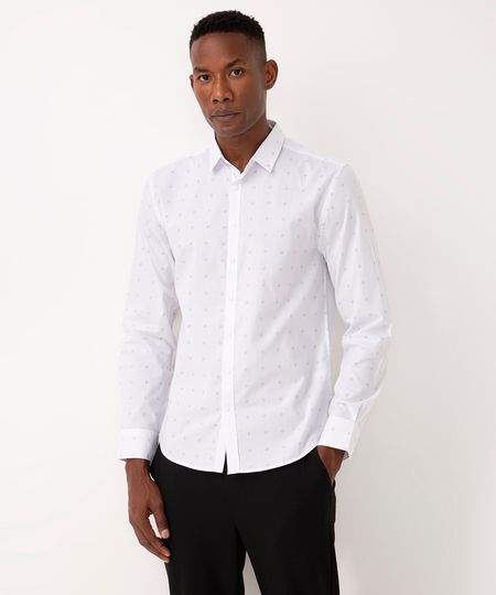 camisa slim de algodão estampada manga longa branco P