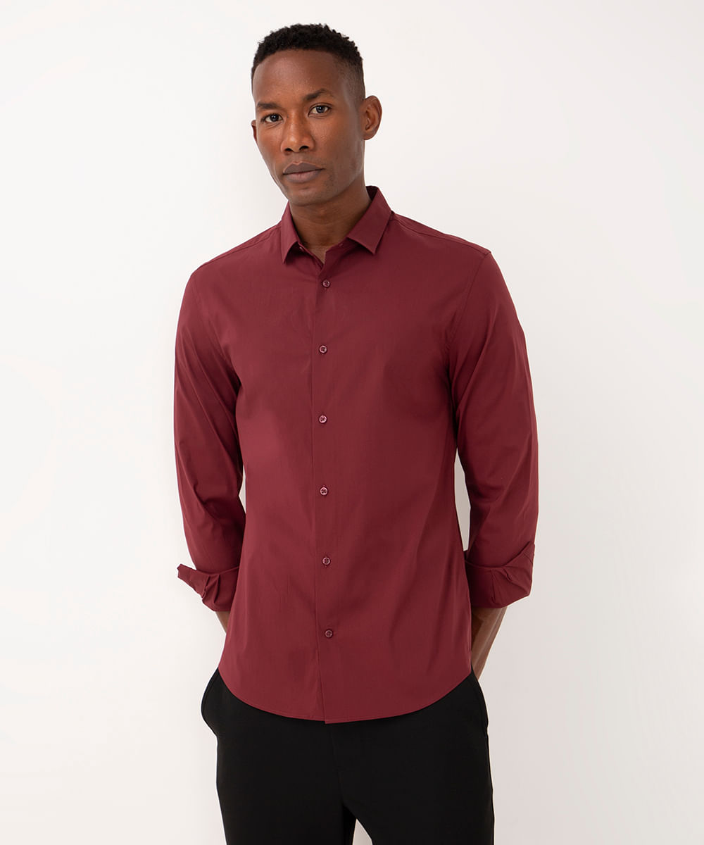 camisa slim de algodão manga longa vinho